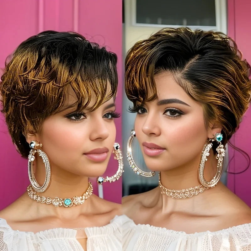 13x4 Lace Front Human Hair Wig Short Pixie Cut with Bangs & Natural Wave