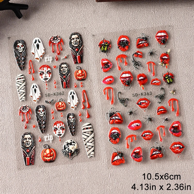 Halloween Ghost Mummy Blood Nail Stickers - 2 Pack Spooky Nail Art Decals for Manicure