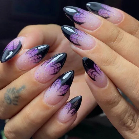 24pcs Halloween Fake Nail Tips with Bat Skeleton & Spider Web Patterns - Press-On Nails