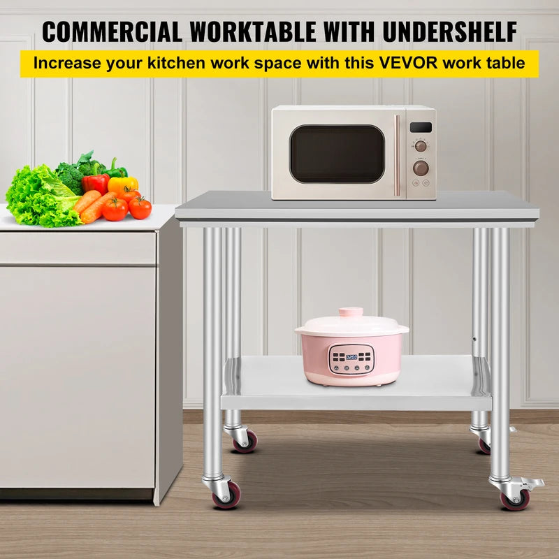 Stainless Steel Work Table with Casters - Commercial Kitchen & Storage Bench