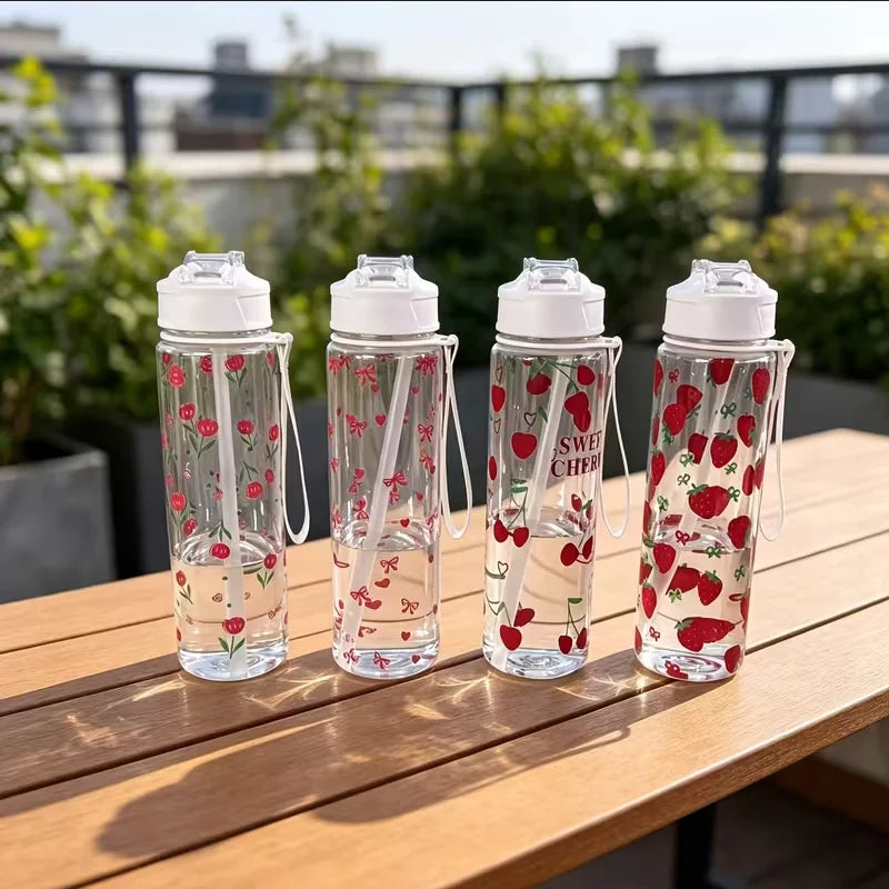 750ML Cute Strawberry Floral Cherry Bow Tumbler with Handle & Leak-Proof Lid