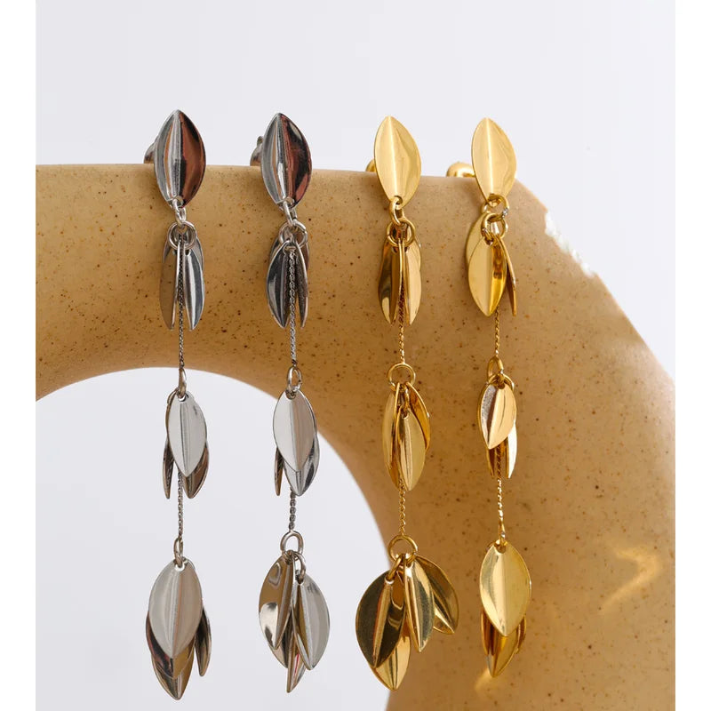 Long Leaf Drop Dangle Earrings - Stylish Handmade Metal Jewelry