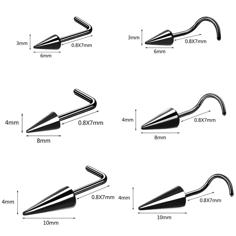 Nostril Piercing Jewelry Cone Nose Studs Long Spike Chain Set - Stainless Steel