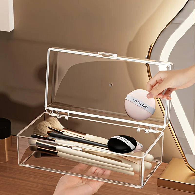 Transparent Makeup Organizer with Lid - Durable Storage Box for Lipstick, Eyeshadow, Brushes