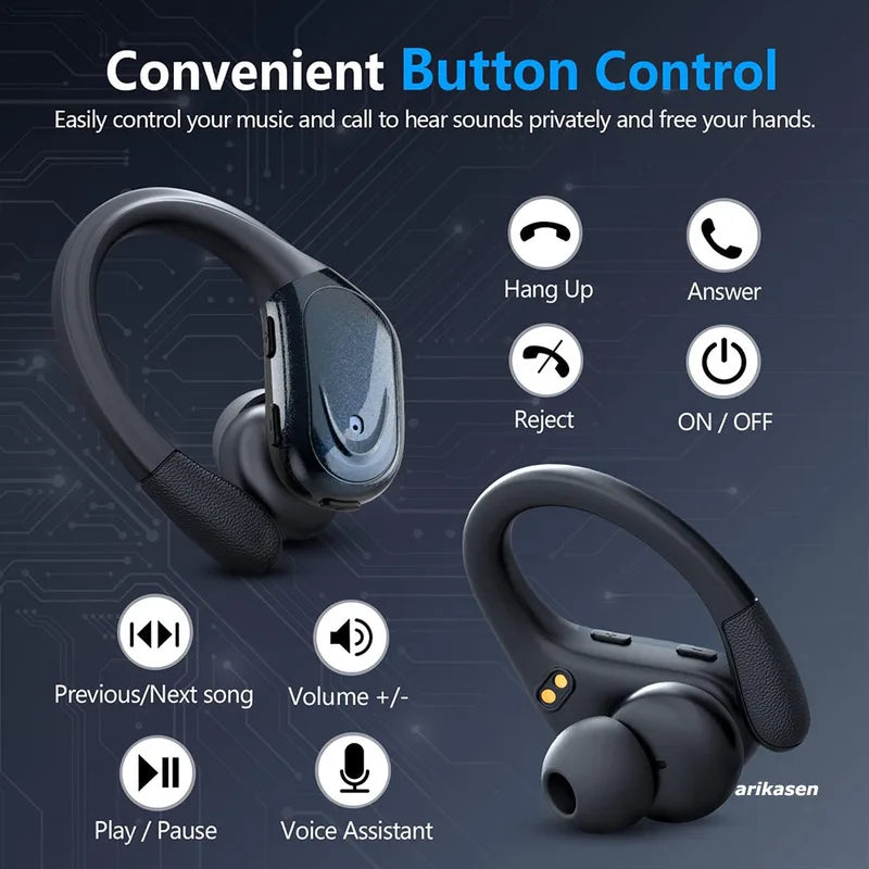 Wireless Sport Bluetooth Earbuds with Noise Cancelling Microphone 75H Playtime LED Display