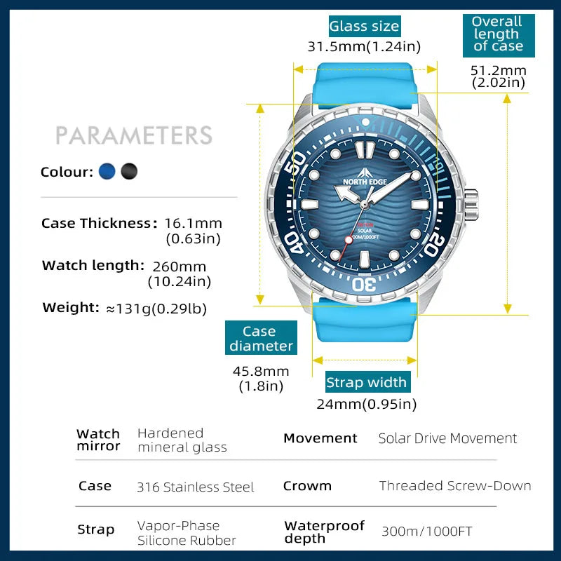 Men's Solar Powered Dive Watch 300M Waterproof Quartz with Stainless Steel Case