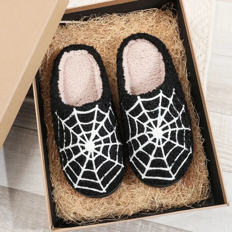 Halloween Spider Web Pattern Plush Woolen Cotton Indoor Slippers - Non-Slip Comfortable Shoes for Men & Women