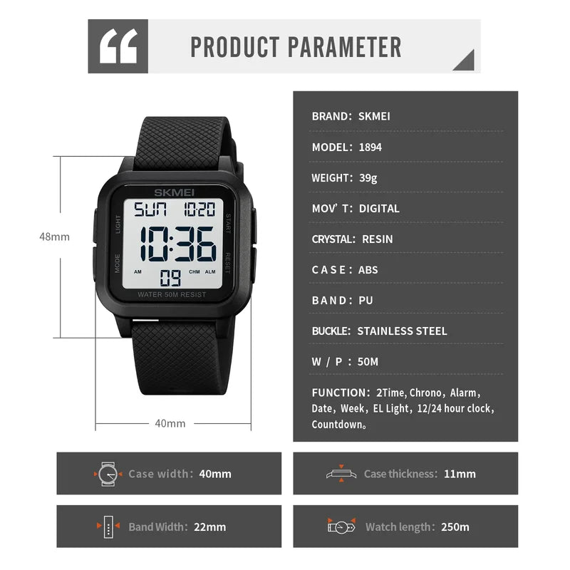 Digital Sport Wristwatch Men Waterproof Shockproof Alarm Countdown Military Watch