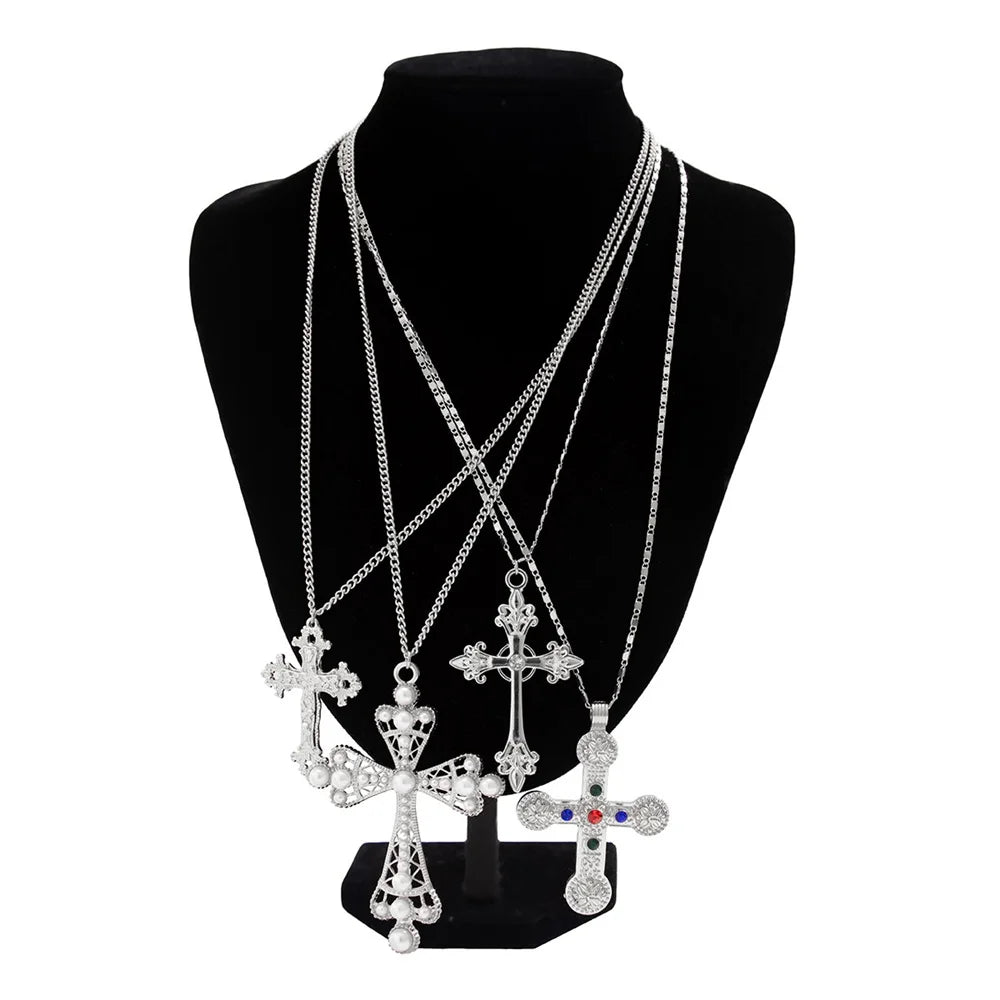 4Pcs Zircon Cross Pendant Necklace Set for Women - Vintage Adjustable Gold Chain Jewelry