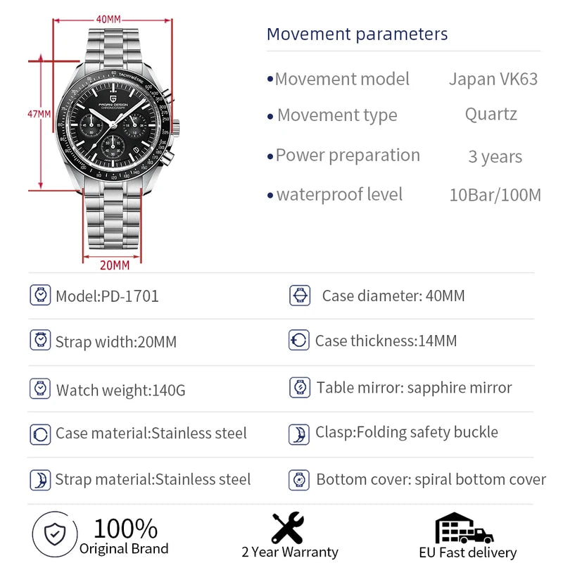 Men's Sport Chronograph Watch with 100M Waterproof AR Sapphire Glass