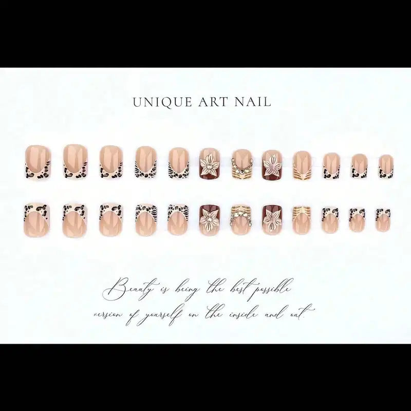 24Pcs Leopard Print French Fake Nails Set with Diamond Design - Short Square Press-On Nails