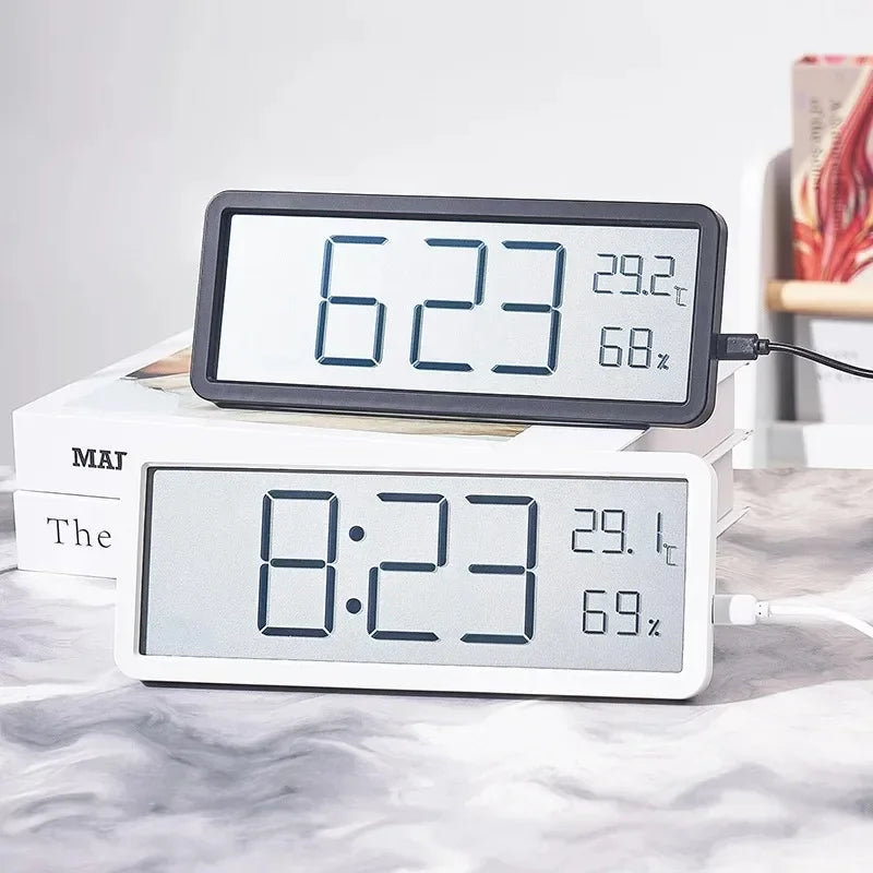 Digital Wall Clock LCD Screen Time Temperature Humidity Battery Powered