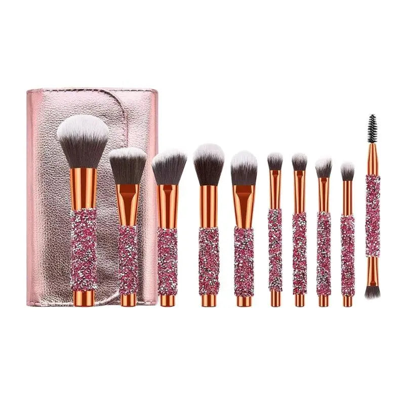 Diamond Studded Makeup Brush Set with Travel Bag - 10 Professional Cosmetic Tools