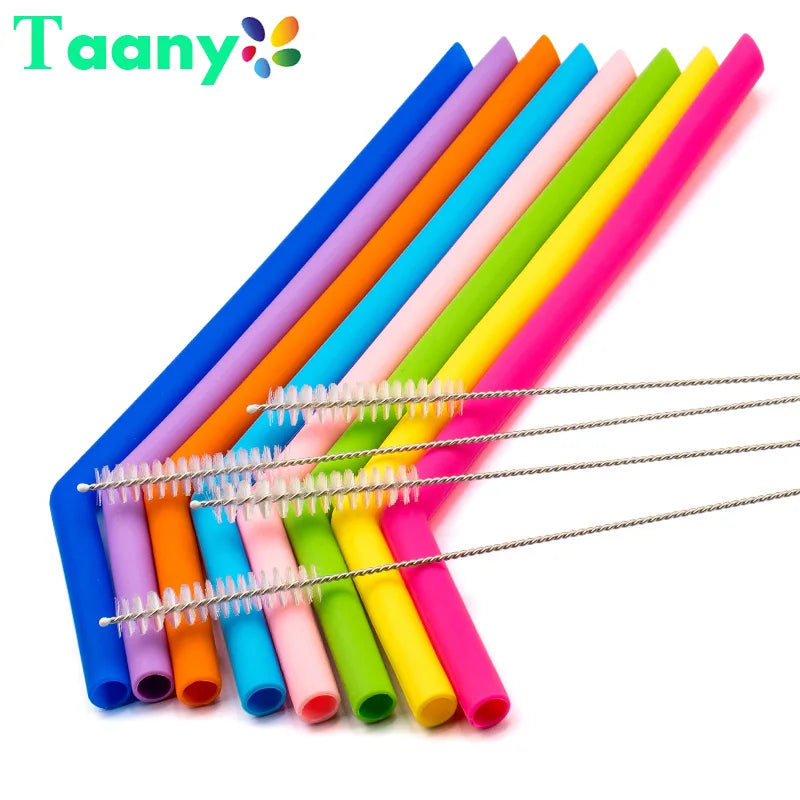 Reusable Food-Grade Silicone Drinking Straws - Foldable & Flexible, Eco-Friendly, Includes Cleaning Brush
