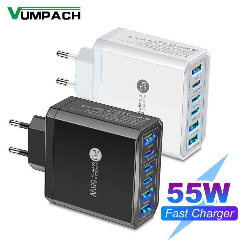 55W Multi-USB Fast Charging Travel Power Adapter with EU US UK AU Plugs