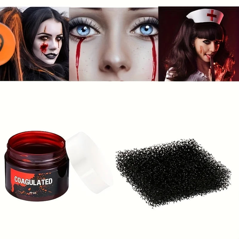 Halloween Fake Blood Makeup Kit with Sponge - Realistic Coagulated Blood for Party Costumes