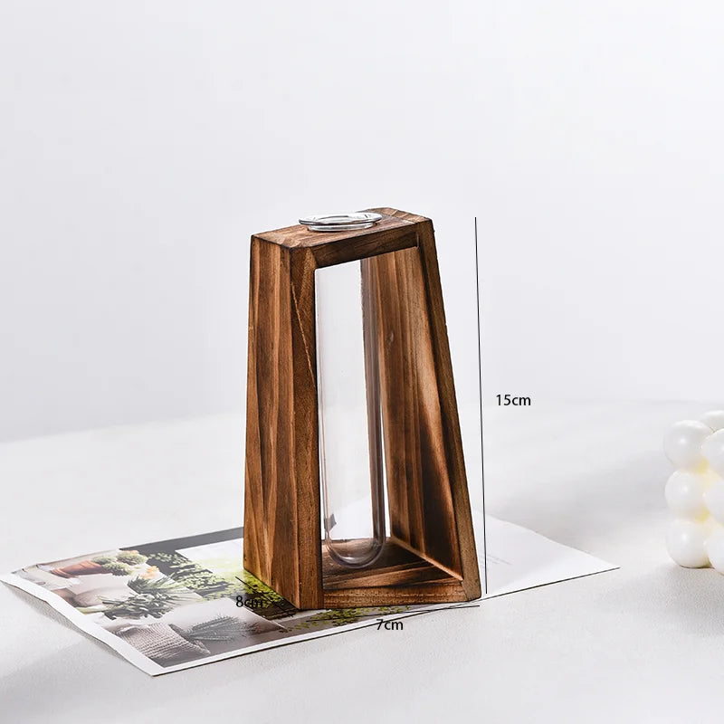 Creative Wooden Hydroponic Vase Plant Vase Retro Transparent Desktop Decor