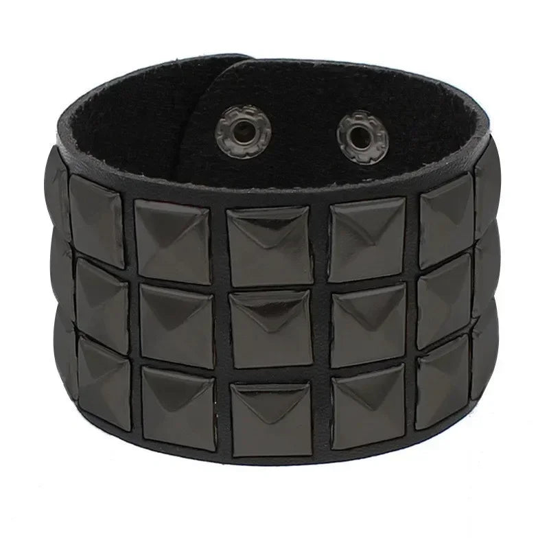 Men's Punk Leather Cuff Bracelet with Metal Rivets and Charms - Gothic Wristband