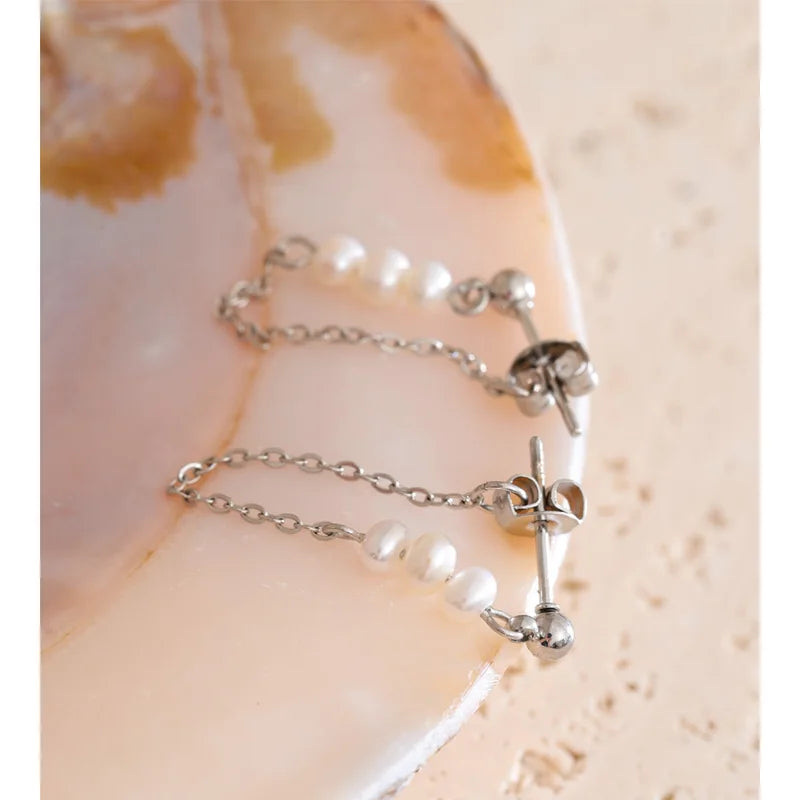 Women’s Stainless Steel Pearl Chain Drop Earrings with Tassel