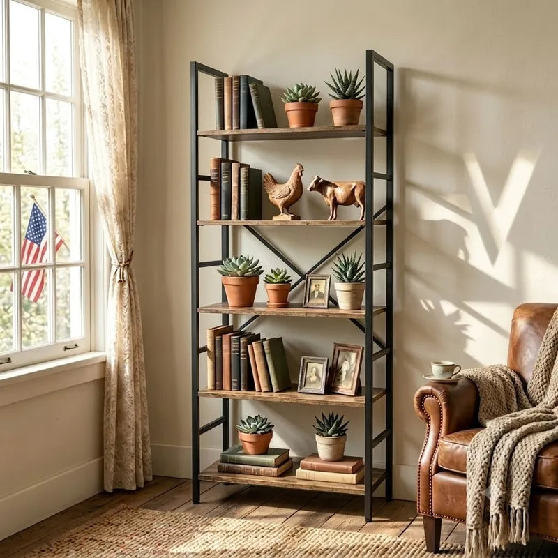 Industrial Wooden Bookcase Storage Shelf with Metal Frame - 5 & 6 Tier Freestanding Organizer