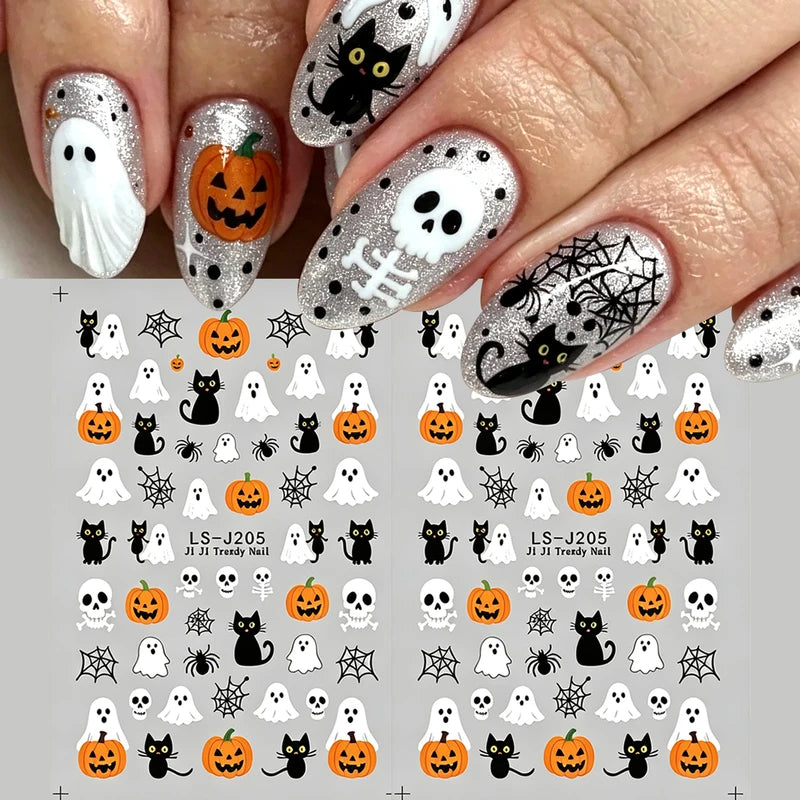 Halloween Nail Stickers Cartoon Ghost Pumpkin Spider Web Designs, Autumn Nail Decals