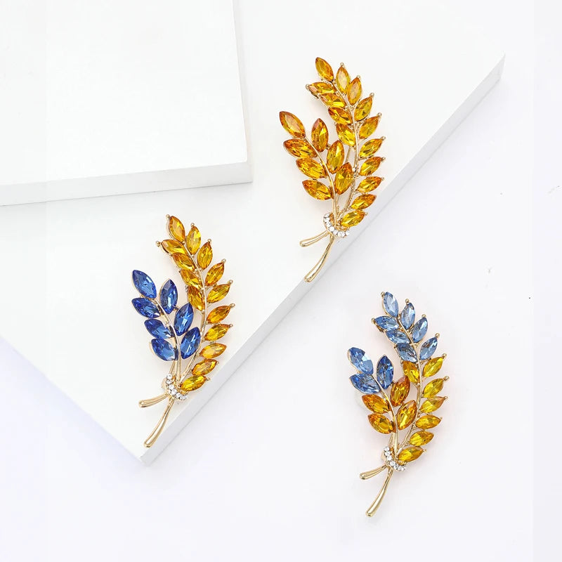 Trendy Rhinestone Wheat Ear Brooch for Women Ukrainian Wheat Pin Enamel Plant Badge