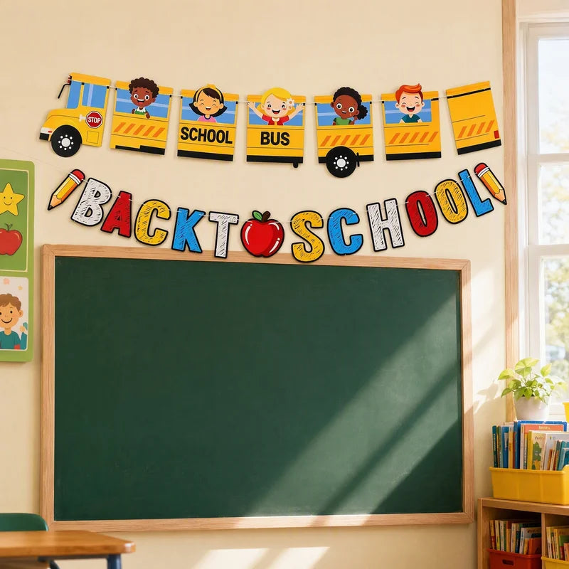 Back to School Classroom Decoration Sign with School Bus Banner and Apple Pencil - Kindergarten Graduation Decor