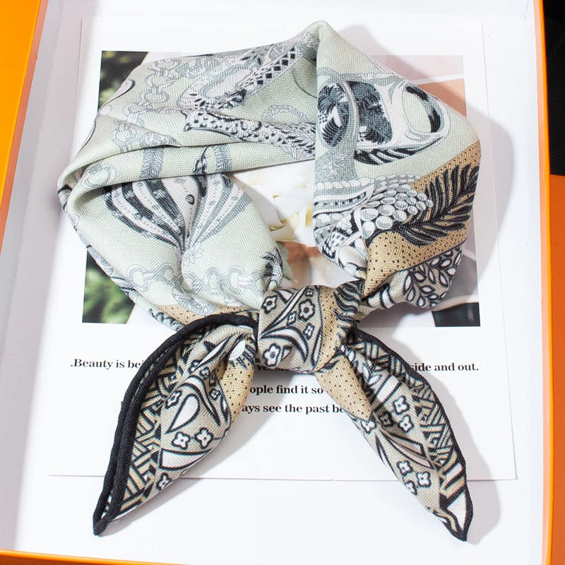 Luxury Silk Wool Botanical Print Square Scarf - Warm Retro Jewelry Design