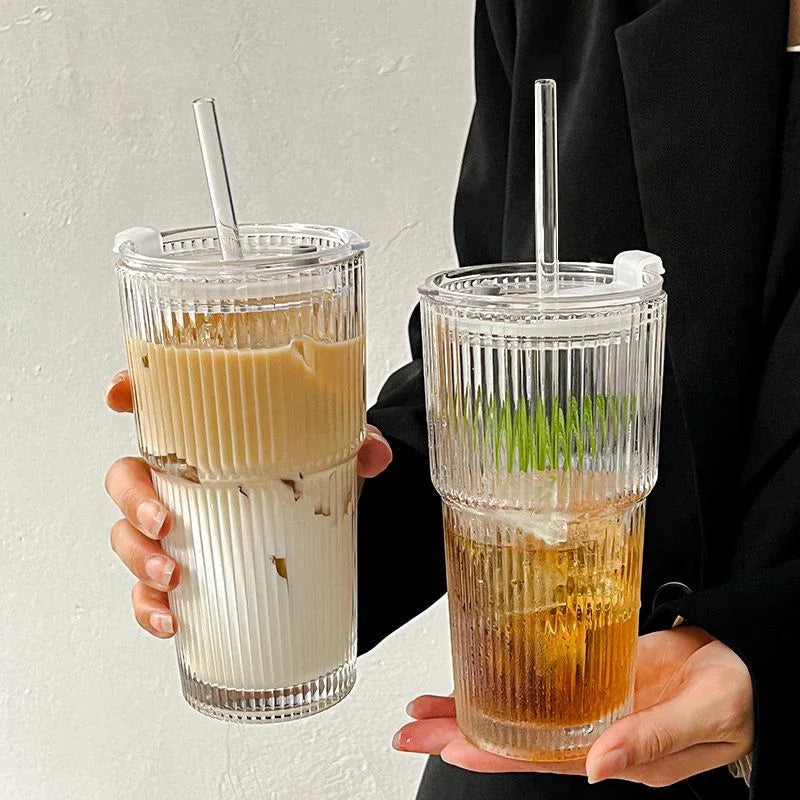 600ML Glass Coffee Cup with Lid and Straw - Transparent Drinkware