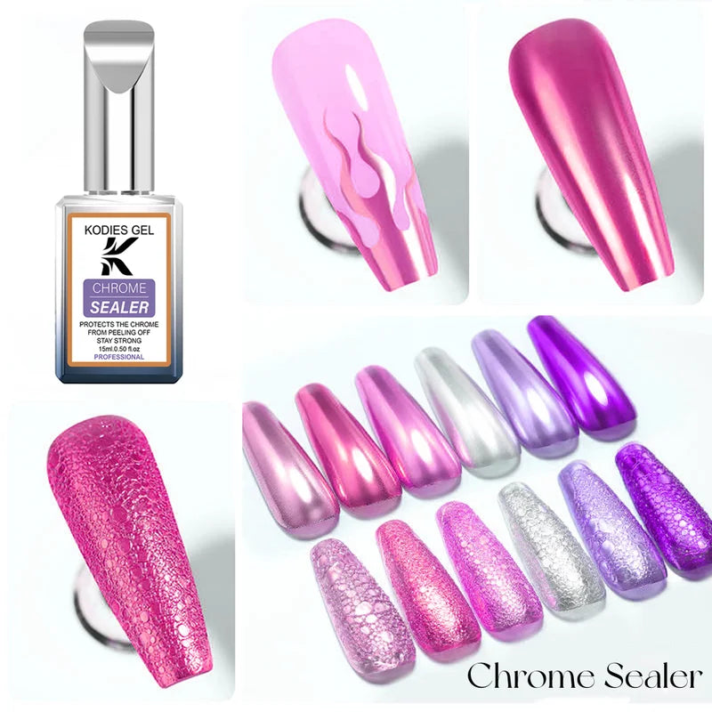 Chrome Nail Sealer Top Coat No Wipe UV Gel Finish for Mirror Nails - 15ml