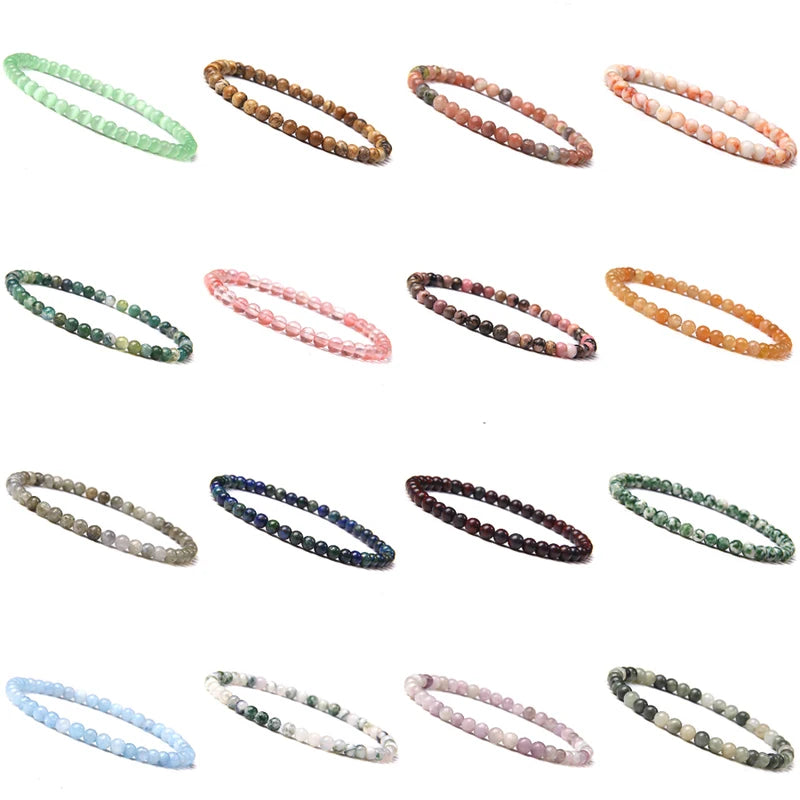 Natural Stone Beaded Bracelet 4mm Quartz Agate Lava Rock Tiger Eye Onyx Healing Jewelry
