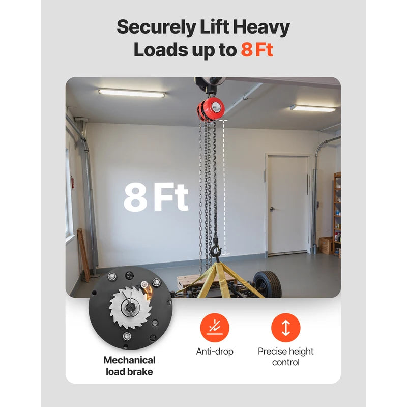 Manual Chain Hoist with 2200/4400 lbs Capacity & Adjustable Lifting Heights