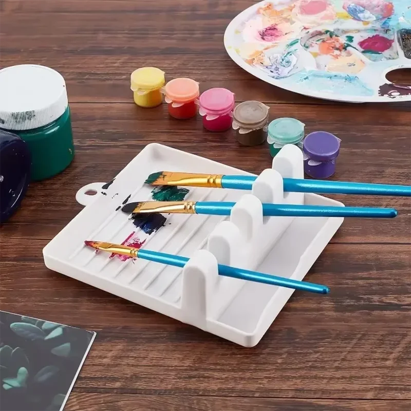 Paint Brush Rest Holder with 4 Slots and Drip Tray - Plastic Organizer for Watercolor, Oil, Acrylic Painting