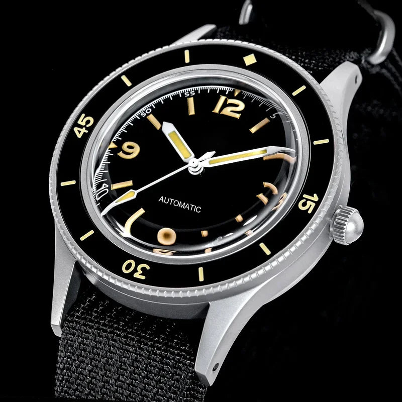 50-Fathoms Retro Black 40mm Sapphire Automatic Diver Watch with Green Luminous Bezel