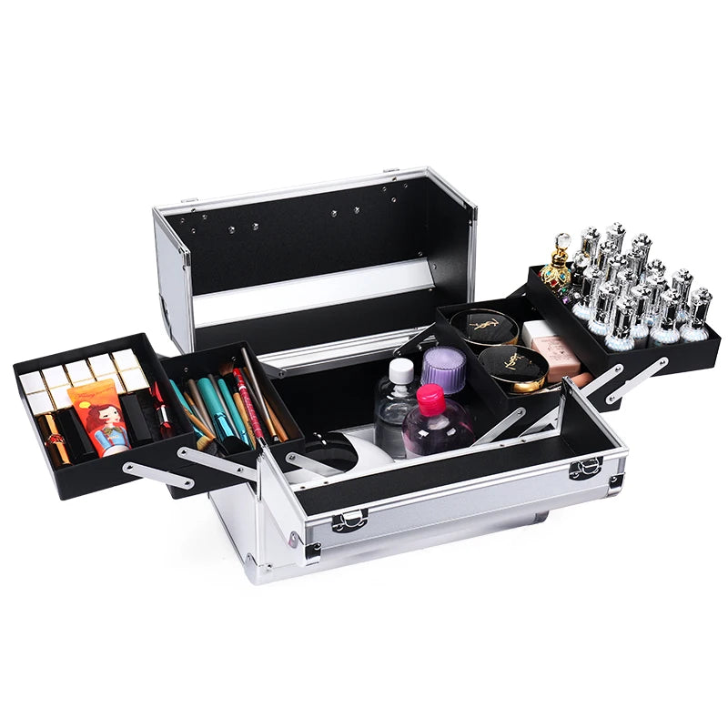 Makeup Train Box with Adjustable Trays Lockable Cosmetic Storage Organizer