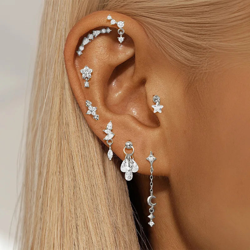 Sterling Silver Horse Earring with Zircon Star Flower Geometric Design - Women’s Stud Jewelry