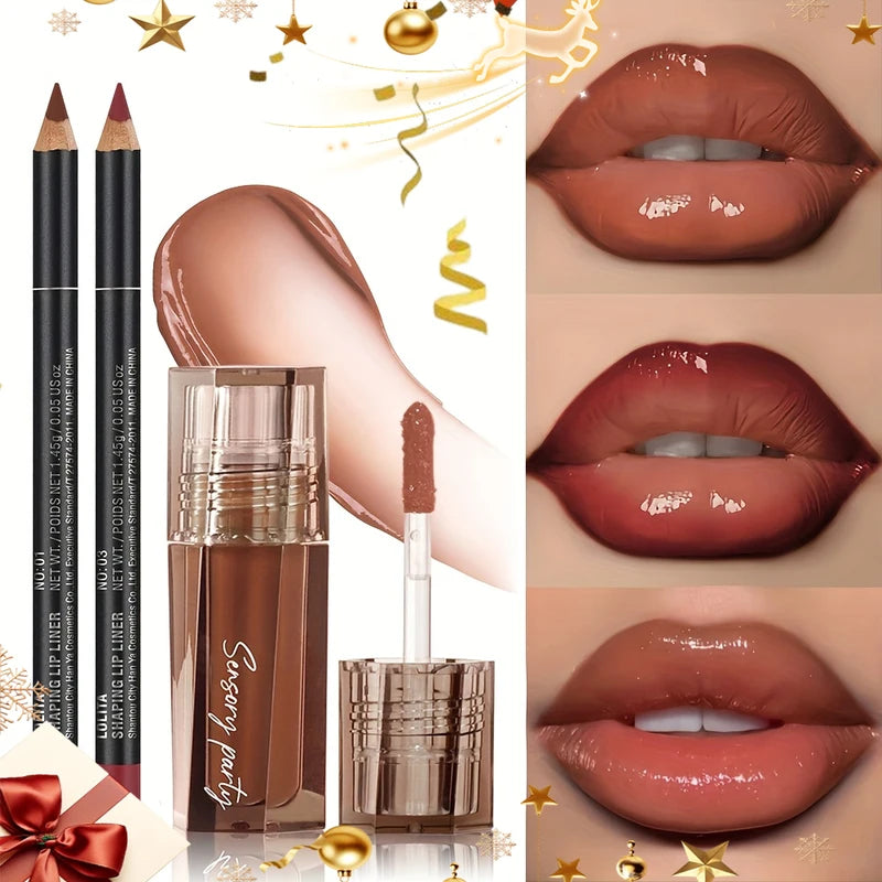Lip Gloss and Lip Liner Pen Set Waterproof Moisturizing Makeup Kit