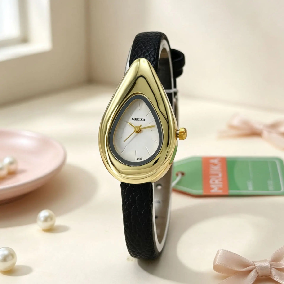 Irregular Water Drop Dial Quartz Watch for Women Retro Leather Strap Dress Watch
