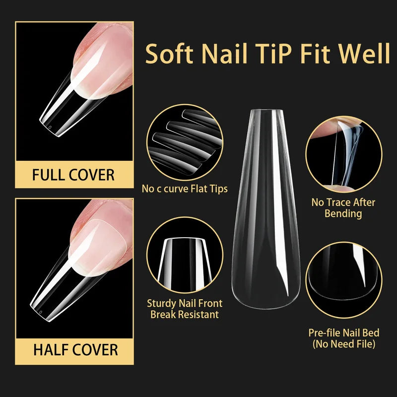 120/140pcs Almond Stiletto Fake Nail Tips - Clear Soft Nail Extensions for DIY Manicure