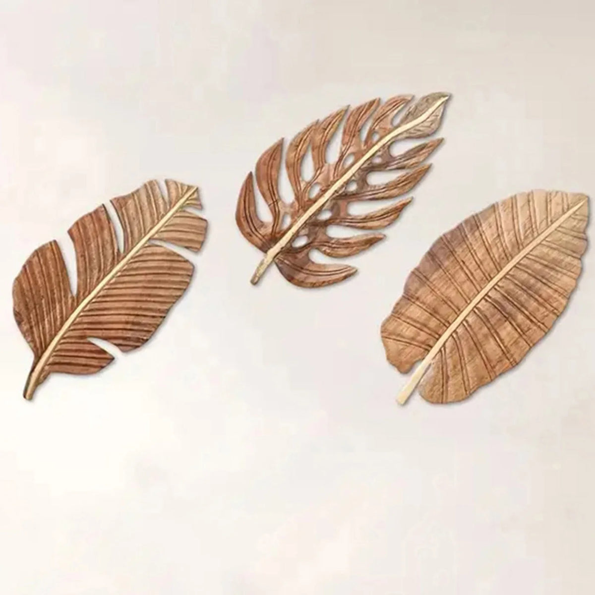 Wood Leaf Wall Art Decor Set of 3 Bohemian Indoor Wall Sculptures