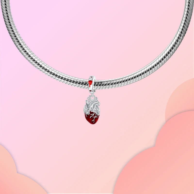 Charms Bead 925 Sterling Silver Red Heart Dangle Pendant for Jewelry DIY Fit Bangle Necklace