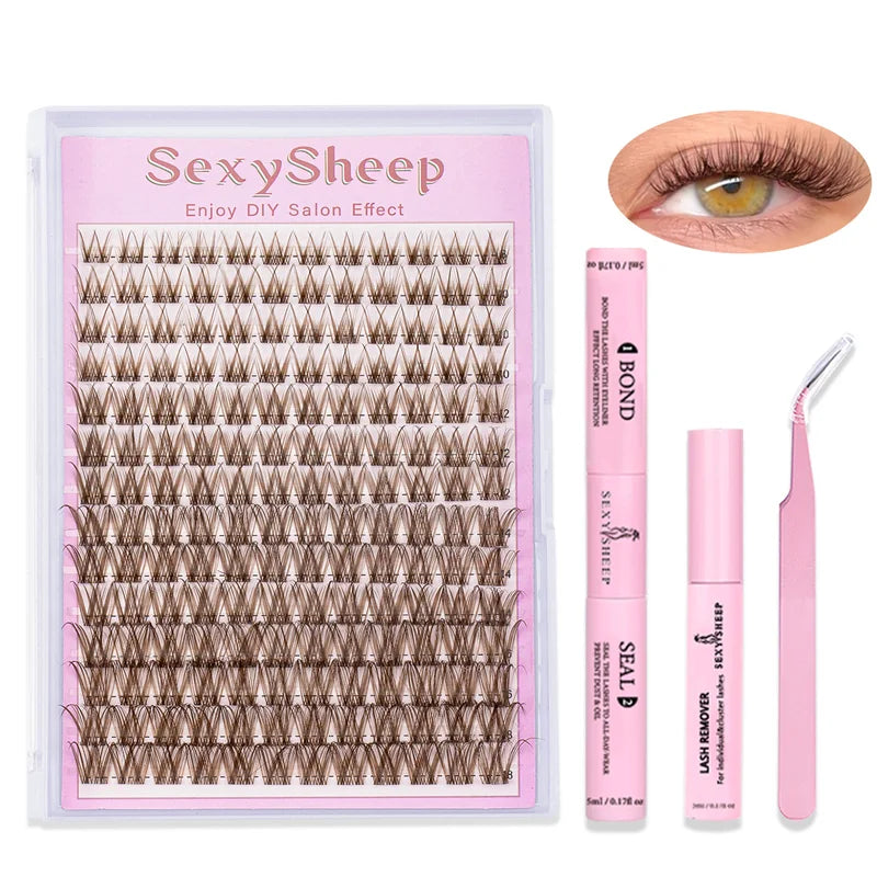 Eyelash Extension Kit DIY Brown Lash Clusters Natural & Strong Hold with Adhesive & Tweezers