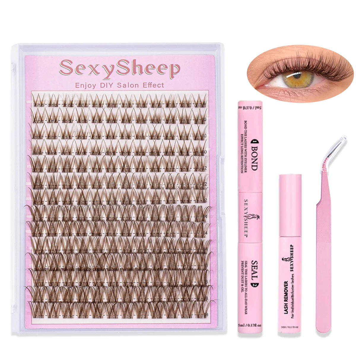Eyelash Extension Kit DIY Brown Lash Clusters Natural & Strong Hold with Adhesive & Tweezers