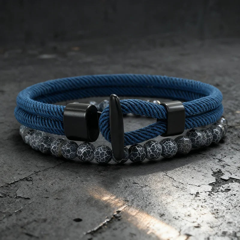 Men Bracelet Set 2Pcs Nautical Rope Wrap with Tiger Eyes & Onyx Stones - Multiple Colors