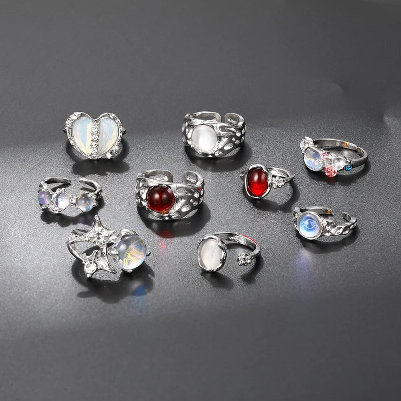 9pcs Y2K Crystal Heart Open Rings Set for Women Girls - Vintage Punk Jewelry