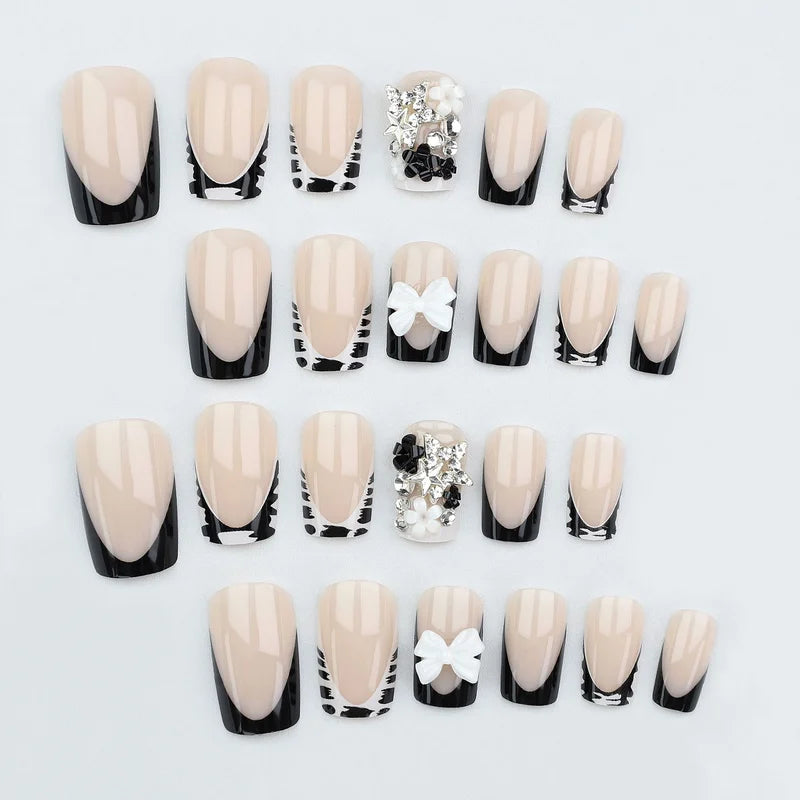 24pcs French Leopard Nail Set with 3D Bowknot & Rhinestone Stars - False Nails for Manicure