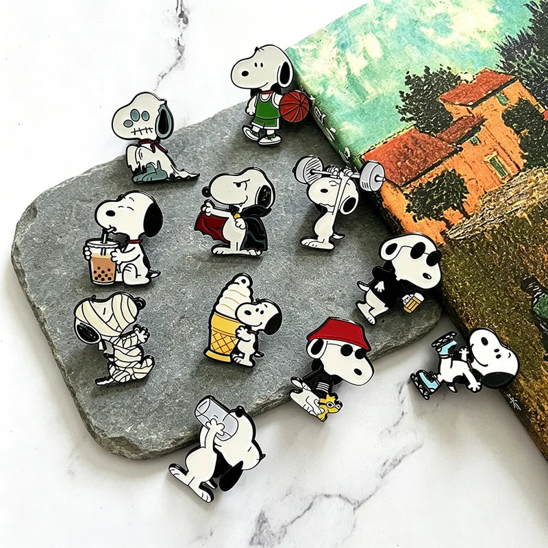 8/10/11pcs Cute Snoopy Enamel Pins Set Cartoon Puppy Dog Brooches for Backpack & Collectibles