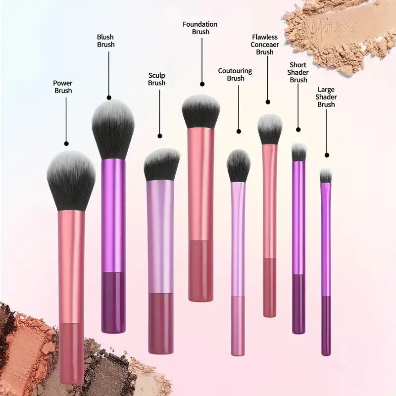 8-Piece Makeup Brush Set - Soft Synthetic Hair, Easy to Clean, Cruelty-Free, Foundation, Blush, Eyeshadow