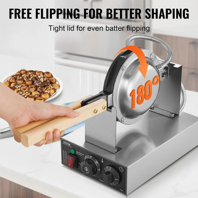 Commercial Egg Bubble Waffle Maker 1400W Non-Stick Stainless Steel with Rotatable Pans