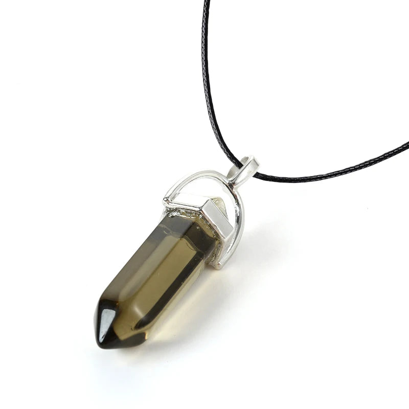 Hexagonal Quartz Necklace with Turquoise Pink Crystal Pendant for Women Leather Chain
